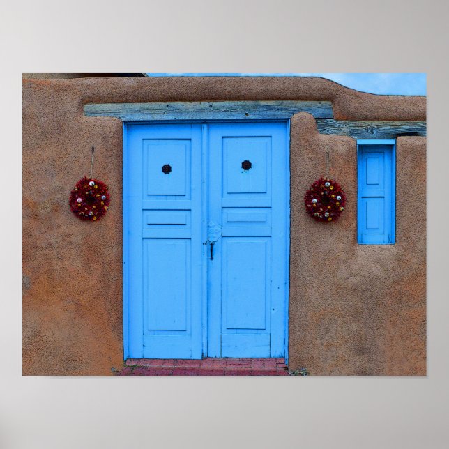 Blue Doors and Rista Wreaths on Taos Adobe Poster (Front)