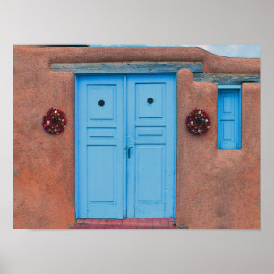 Blue Doors and Rista Wreaths, Taos Adobe Poster