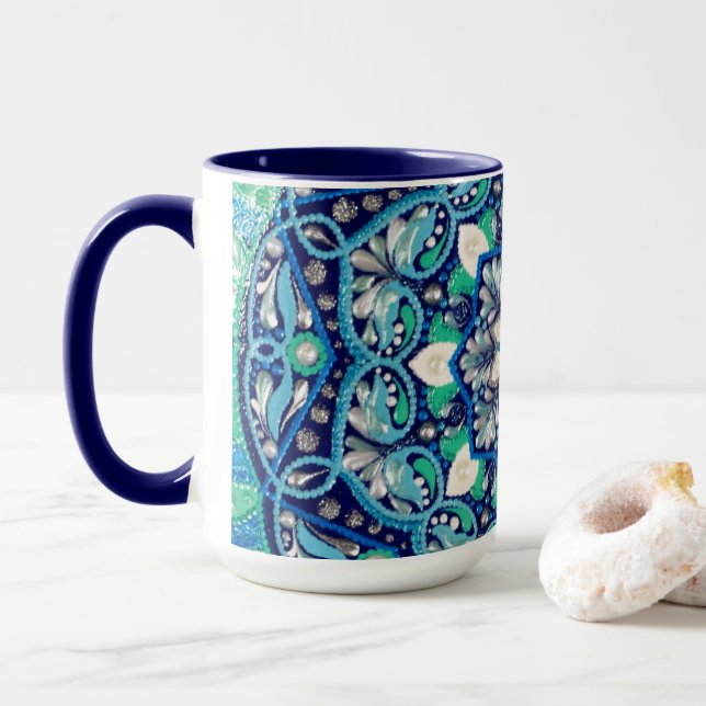 Blue dot art mandala mug (With Donut)