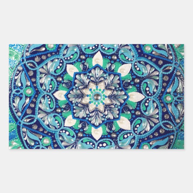 Blue dot art mandala rectangular sticker (Front)
