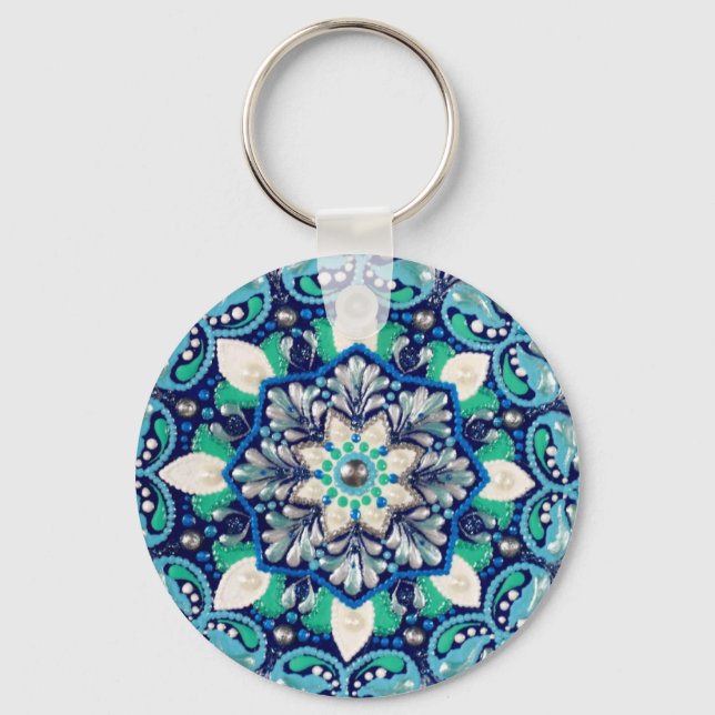 Blue dot art mandala trifold wallet key ring (Front)