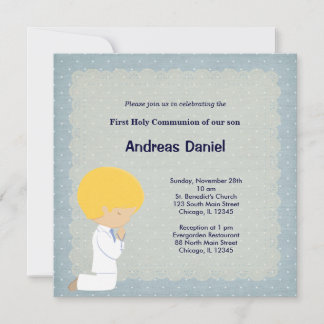 Blue dots holly communion boy invitation