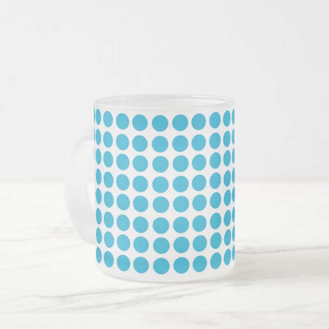 Blue Dots Pattern on White Frosted Glass Coffee Mug (Front Left)