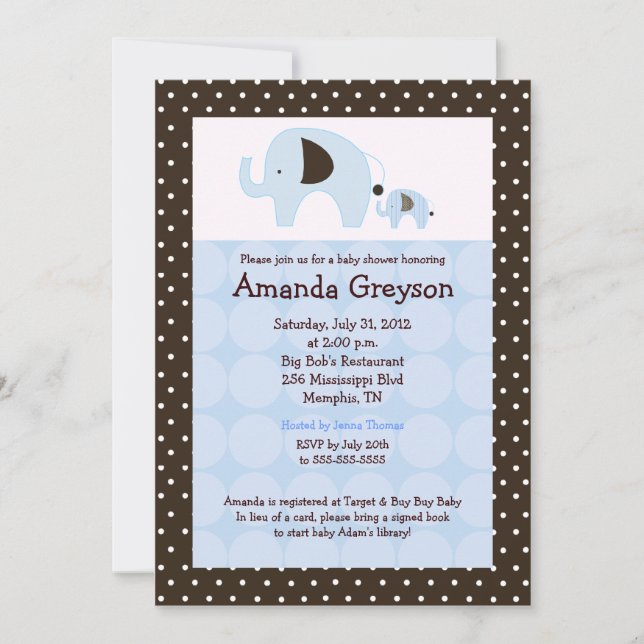 Blue Dottie Elephant 5x7 Baby Shower Invitation (Front)