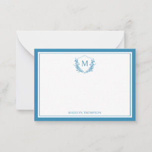 Blue Double Border Floral Crest Classic Monogram Card
