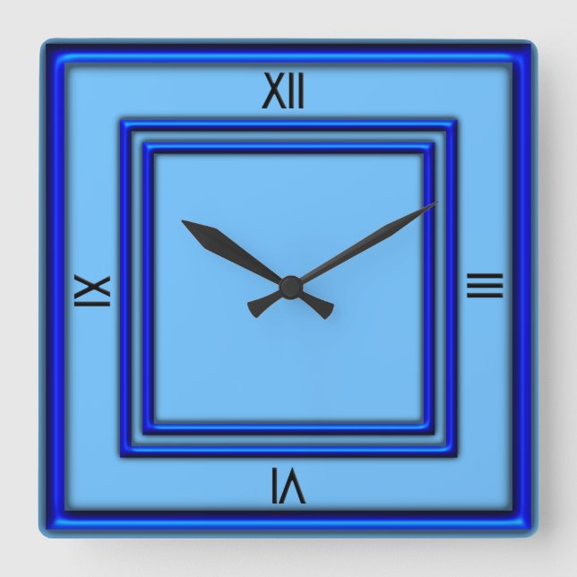 Blue Double Frame 4 Black Numerals Square Wall Clock (Front)