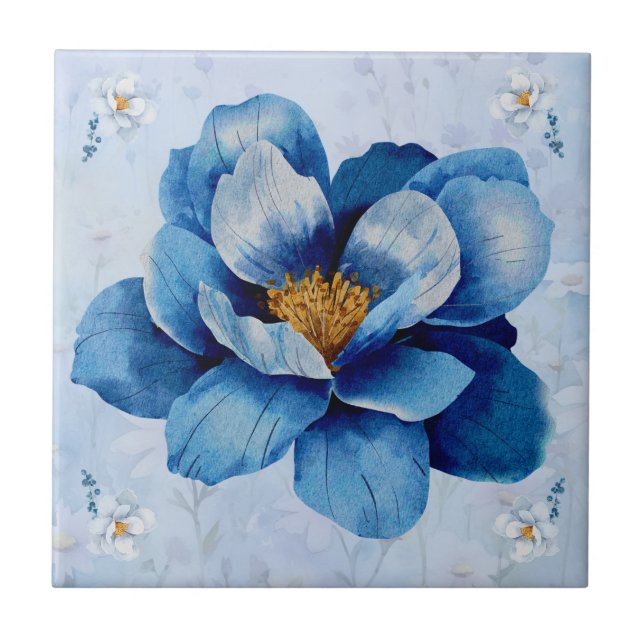 Blue Double Magnolia Ceramic Tile (Front)