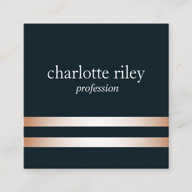 Blue | Double Rose Gold Stripes Stylish Square Business Card (Front)