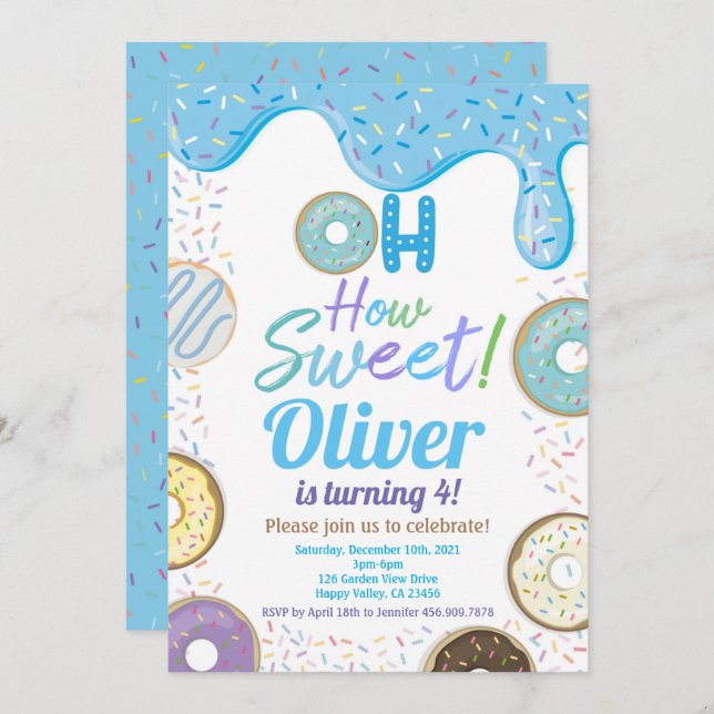 Blue Doughnut Boy Kid Birthday Party Any Age Invitation (Front/Back)