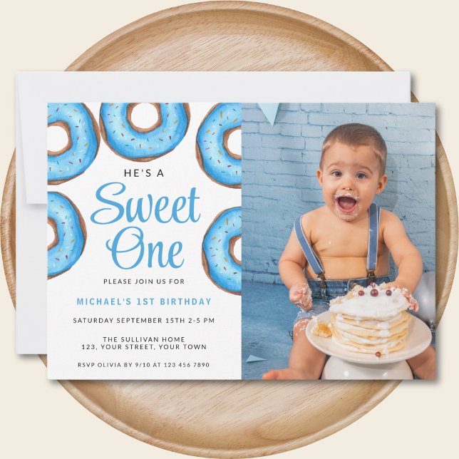 Blue Doughnut First Birthday Photo Party Invitation (Creator Uploaded)