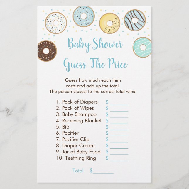 Blue Doughnut Guess The Price Baby Shower Game (Front)
