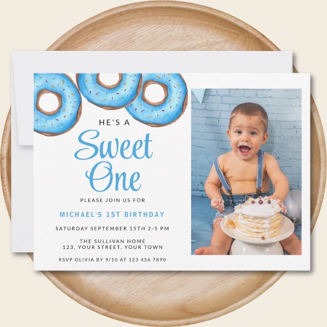 Blue Doughnut Photo Boy's First Birthday Party Invitation (Creator Uploaded)