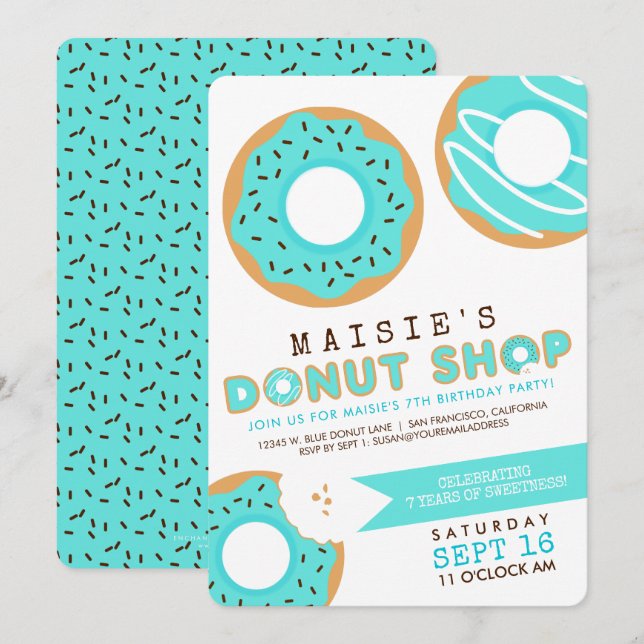 Blue Doughnut Shop Birthday Party Invitation (Front/Back)