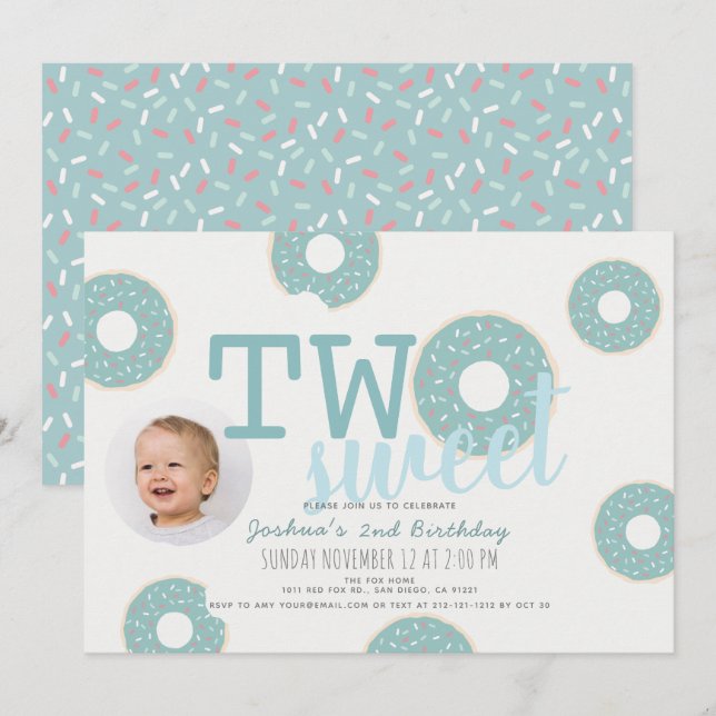 Blue Doughnut Two Sweet Boy Photo 2nd Birthday Invitation (Front/Back)