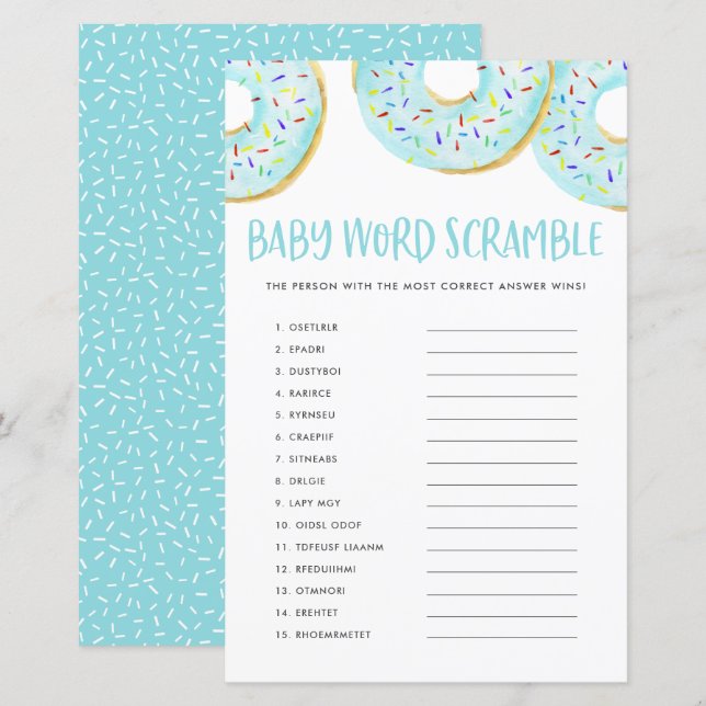 Blue Doughnuts Baby Word Scramble Baby Shower Game (Front/Back)