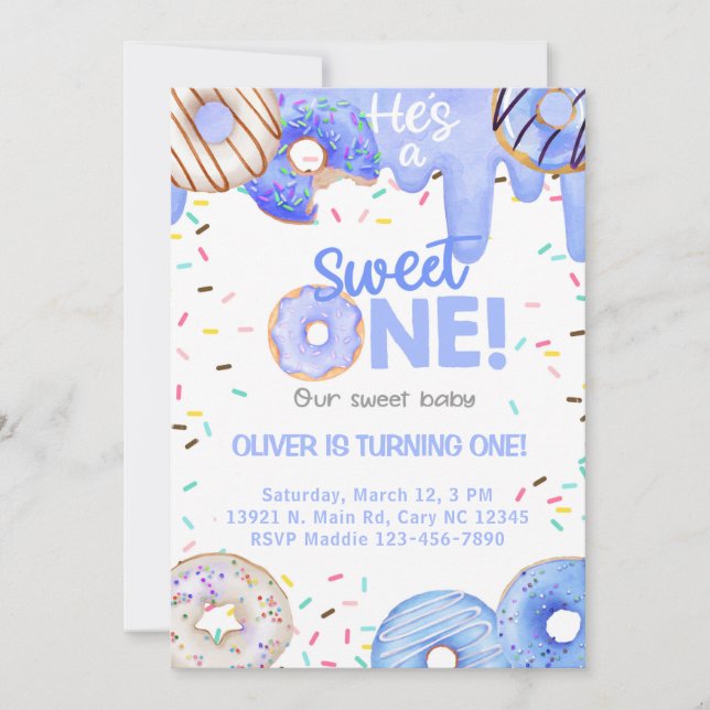 Blue doughnuts he's a sweet one boy birthday invit invitation (Front)