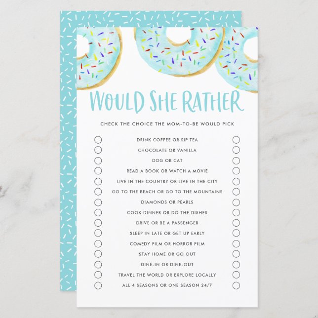 Blue Doughnuts Would She Rather Baby Shower Game (Front/Back)