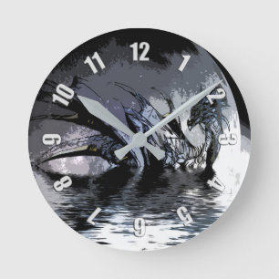 Blue Dragon and Moon Illustration   Round Clock