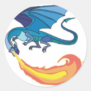 blue dragon breathing fire classic round sticker