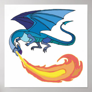 blue dragon breathing fire poster