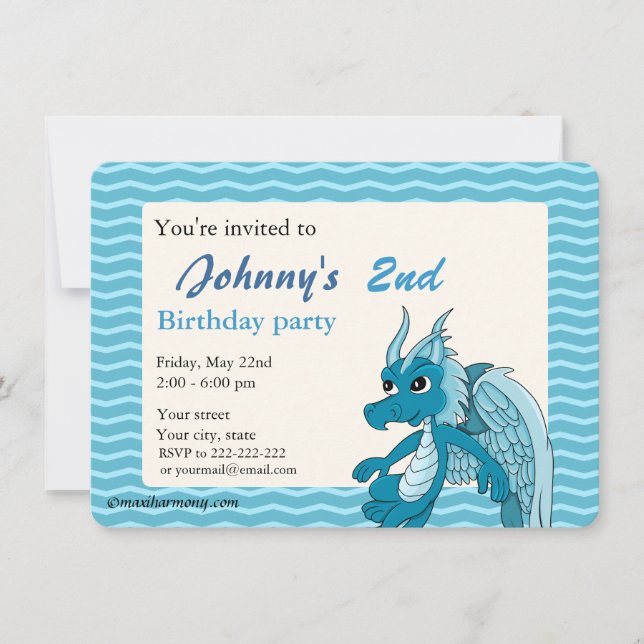 Blue dragon cartoon birthday print invitations (Front)