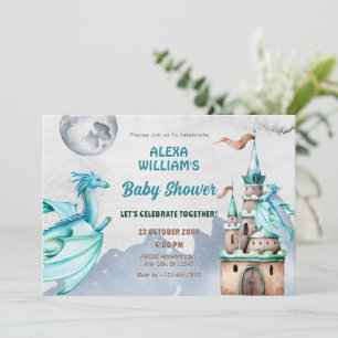 Blue Dragon castle watercolor baby shower Invitation