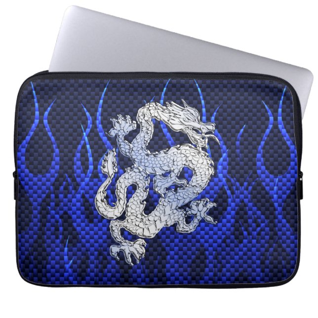 Blue Dragon Chrome like Carbon Fibre flames Laptop Sleeve (Front)