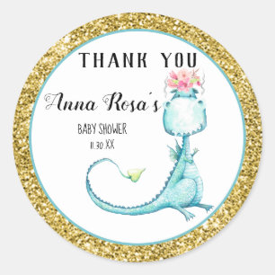 *~* Blue Dragon Glitter Baby Girl Shower Thank You Classic Round Sticker