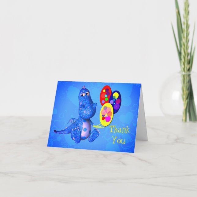 Blue Dragon Holding Balloons Thank You Card (Front)