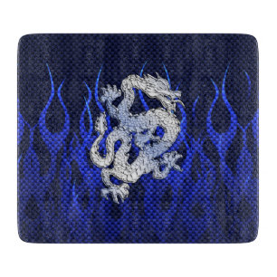 Blue Dragon in Chrome Carbon racing flames Cutting Board