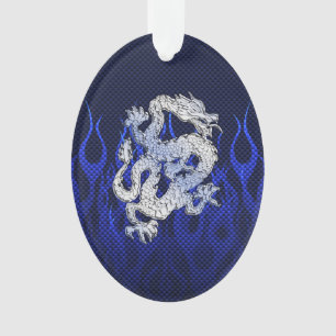 Blue Dragon in Chrome Carbon racing flames Ornament