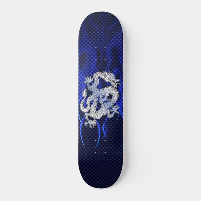Blue Dragon in Chrome Carbon racing flames Skateboard (Front)