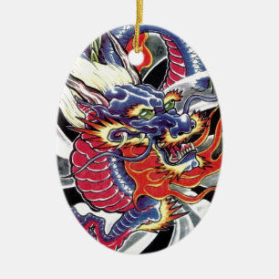 Blue Dragon Japanese tattoo design Ceramic Tree Decoration