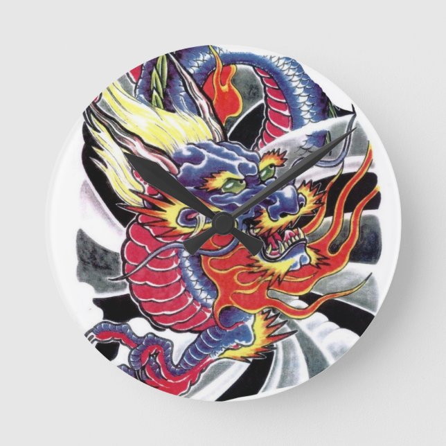 Blue Dragon Japanese tattoo design Round Clock (Front)