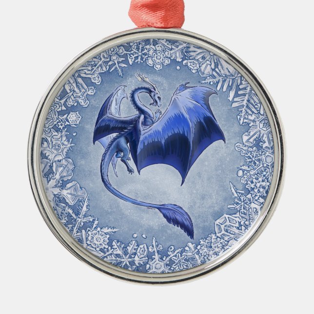 Blue Dragon of Winter Fantasy Nature Art Metal Tree Decoration (Front)