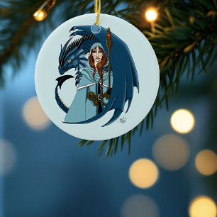 Blue Dragon Sorceress Snowflakes Ceramic Tree Decoration