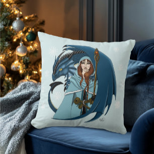 Blue Dragon Sorceress Snowflakes Cushion