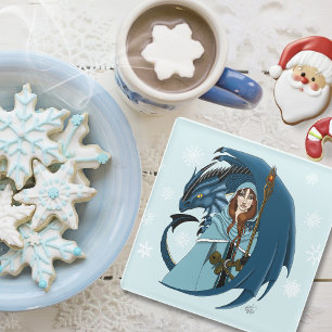 Blue Dragon Sorceress Snowflakes Glass Coaster