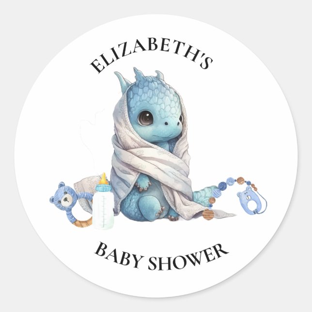 Blue  Dragon Watercolor Baby Shower  Classic Round Sticker (Front)