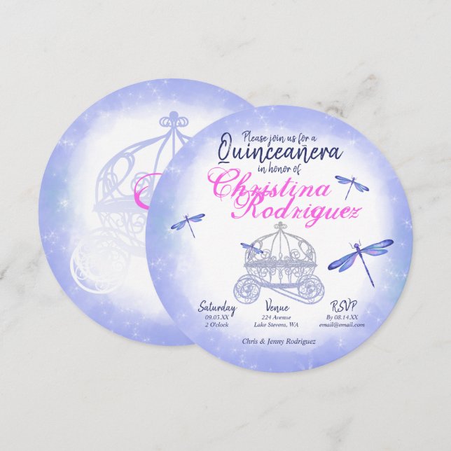 Blue Dragonflies, Pink Quinceañera Invitation (Front/Back)