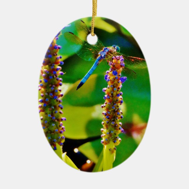 Blue Dragonfly and flowers Ceramic Tree Decoration (Front)
