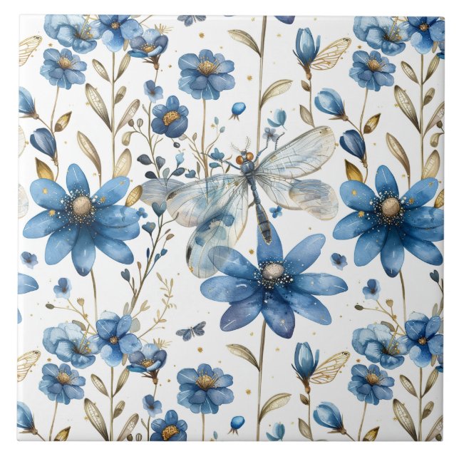 Blue Dragonfly and Flowers Floral Ceramic Tiles (Front)