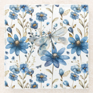 Blue Dragonfly and Flowers Floral Drink Coasters