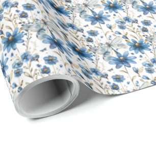 Blue Dragonfly and Flowers Floral Gift Wrap