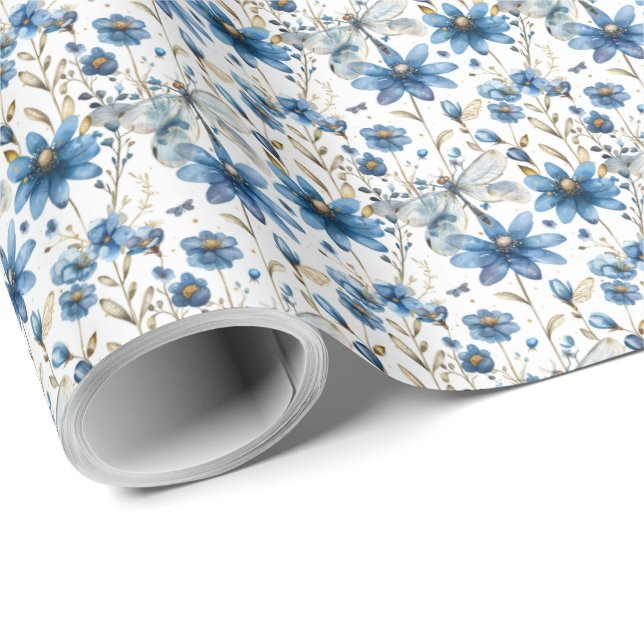 Blue Dragonfly and Flowers Floral Gift Wrap (Roll Corner)