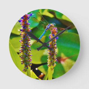 Blue Dragonfly and flowers Round Clock