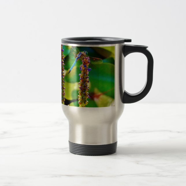 Blue Dragonfly and flowers Travel Mug (Right)