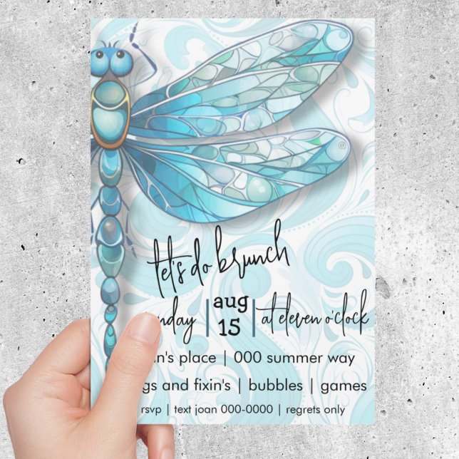 Blue Dragonfly | Aqua Blue Swirls | Nature Lovers Invitation (Blue dragonfly customizable brunch or birthday invitation with aqua swirls. )