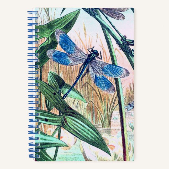 Blue Dragonfly at pond vintage illustration  Notebook (Front)