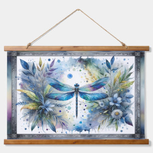 Blue Dragonfly Botanical Watercolor Hanging Tapestry
